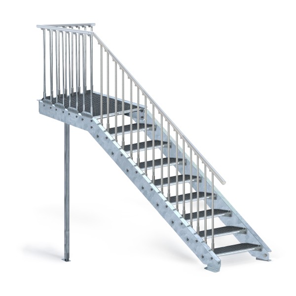 Stahltreppe mit Podest 108 cm Anbaulänge, Wandanschluss P07 und Geländer links