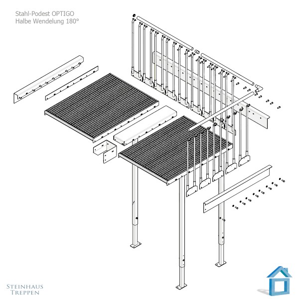 Außentreppe Stahl Bausatz mit Mittel-Podest, zum 2ten Stockwerk mit DIN